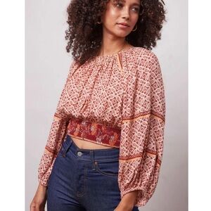 PATRONS OF PEACE Irving Adobe Tile Print Cropped Smocked Top Boho Peasant Medium